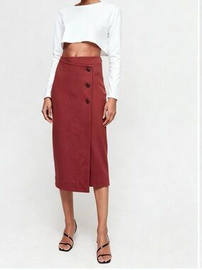 Aritzia Babaton Billy Midi Faux Wrap Button Skirt in Brick